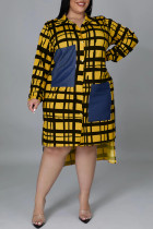 Robe chemise col rabattu patchwork imprimé à carreaux mode décontractée grande taille jaune