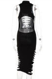 Zwarte mode sexy effen uitgeholde backless coltrui mouwloze jurk