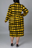 Vestido cáqui fashion casual plus size xadrez estampado patchwork gola aberta