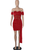 アーミーグリーンのセクシーなソリッドパッチワークフォールド非対称オフショルダーワンステップスカートドレス
