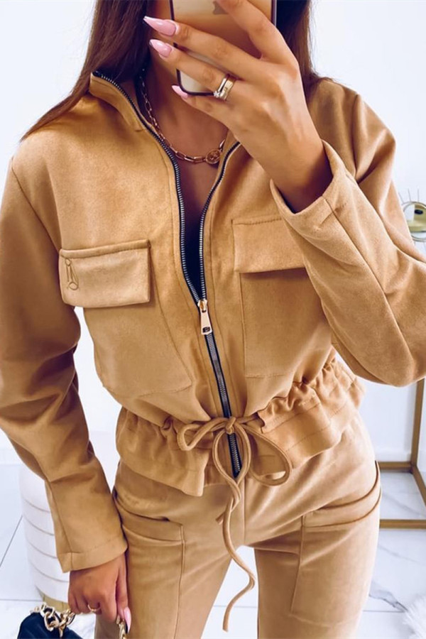 Ropa de abrigo casual de patchwork liso con cuello de cremallera marrón moda