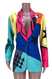 Multicolor Casual Street Print Patchwork Buttons Turn-back Collar Outerwear