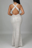 Серебряное модное сексуальное лоскутное вечернее платье с блестками без спинки и V-образным вырезом