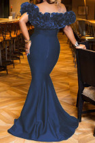 Королевское синее модное сексуальное твердое лоскутное вечернее платье с открытой спиной и открытыми плечами