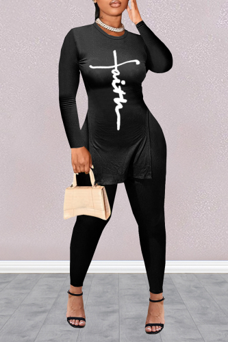 Black Casual Print Patchwork O Neck Long Sleeve Two Pieces