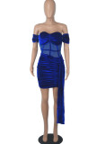 Blue Sexy Solid Patchwork Fold Asymmetrical Off the Shoulder One Step Skirt Dresses