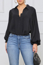 Black Casual Solid Patchwork Buckle Turndown Collar Tops