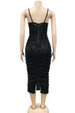 Black Sexy Solid Sequins Patchwork Backless Fold Spaghetti Strap One Step Skirt Dresses