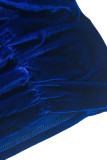 Bleu Sexy solide Patchwork pli asymétrique hors de l'épaule une étape jupe robes