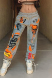 Pantalones informales con estampado callejero y estampado de patchwork, sueltos, de cintura alta, con posicionamiento recto, color albaricoque