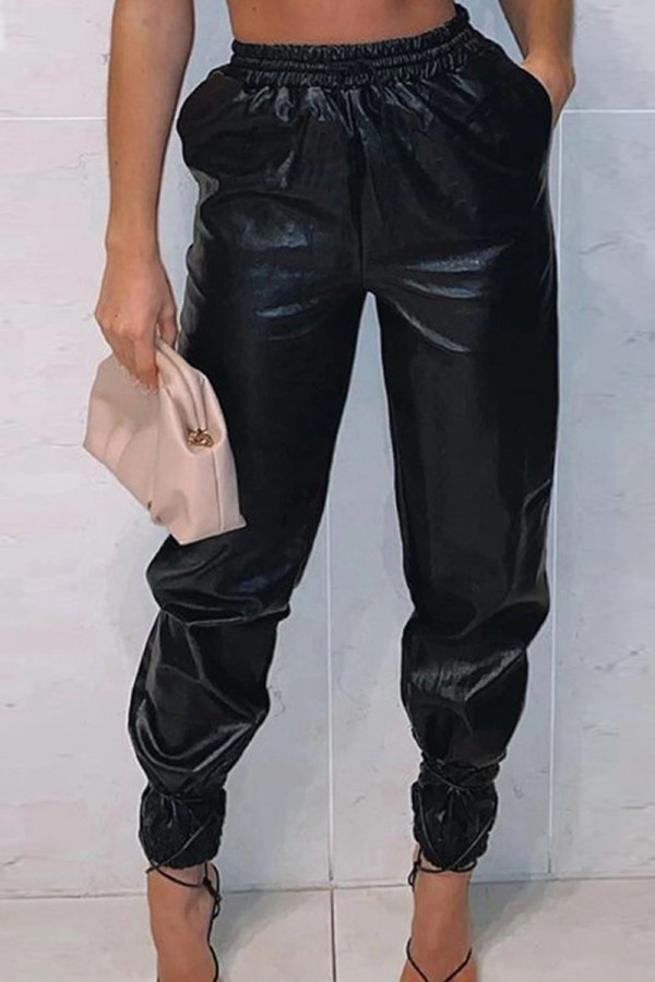 Pantalones de cintura alta regulares básicos sólidos casuales de moda negro