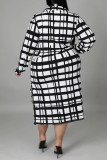 Vestido cáqui fashion casual plus size xadrez estampado patchwork gola aberta