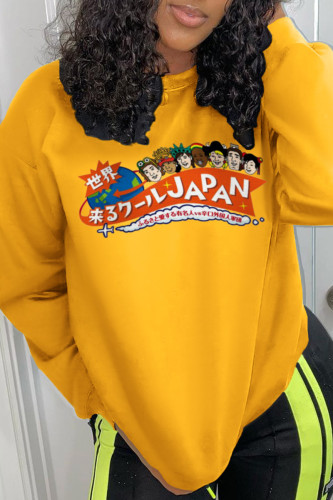 Yellow Fashion Street Print Patchwork O Neck Tops