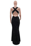 Schwarzes, modisches, sexy Patchwork-Pailletten-Rückenfreies Abendkleid mit V-Ausschnitt