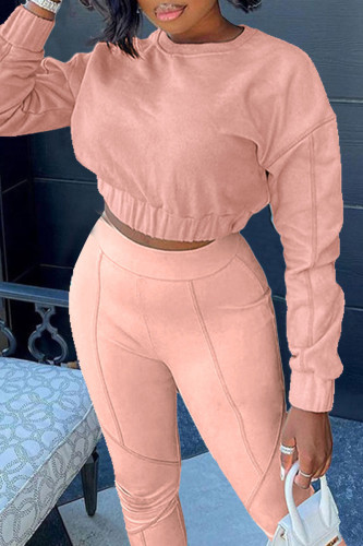 Pink Fashion Casual Solid Patchwork O Neck Long Sleeve Two Pieces