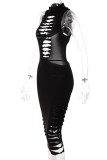 Zwarte mode sexy effen uitgeholde backless coltrui mouwloze jurk