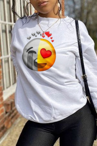 White Fashion Casual Print Patchwork O Neck Tops
