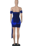 Blue Sexy Solid Patchwork Fold Asymmetrical Off the Shoulder One Step Skirt Dresses