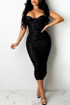 Black Sexy Solid Sequins Patchwork Backless Fold Spaghetti Strap One Step Skirt Dresses