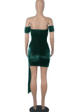 Армейско-зеленые сексуальные однотонные лоскутные складки асимметричные с открытыми плечами платья-юбки на один шаг