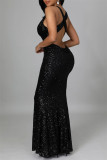 Черное модное сексуальное лоскутное вечернее платье с блестками без спинки и V-образным вырезом
