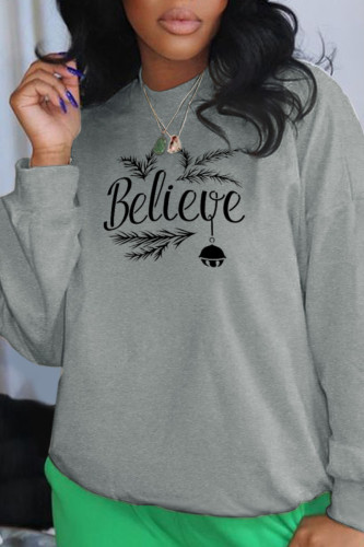 Grey Fashion Casual Print Letter O Neck Tops