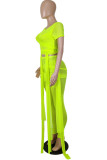 Флуоресцентно-зеленый сексуальный однотонный бандаж в стиле пэчворк с прозрачным круглым вырезом и коротким рукавом из двух частей