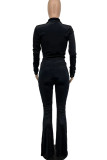 Black Casual Solid Patchwork Buckle Turndown Collar Long Sleeve Two Pieces