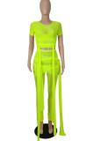 Fluorescent Green Sexy Solid Bandage Patchwork See-through O Neck Short Sleeve Two Pieces