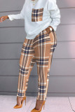Khaki Fashion Casual Print Patchwork O Neck Long Sleeve Two Pieces