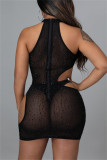 Черное модное сексуальное лоскутное горячее выдолбленное прозрачное платье без рукавов с круглым вырезом
