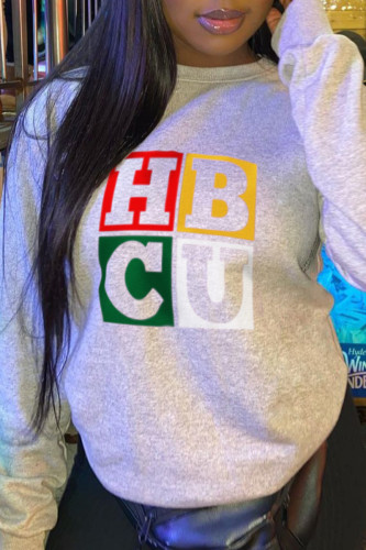 Grey Fashion Sportswear Print Letter O Neck Tops