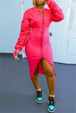 ローズレッド ファッション セクシー パッチワーク スリット ジッパー カラー ロング スリーブ ドレス