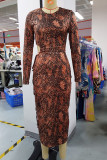 Brown Sexy Print Hollowed Out Patchwork Frenulum O Neck One Step Skirt Dresses