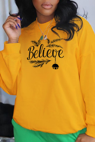 Yellow Fashion Casual Print Letter O Neck Tops