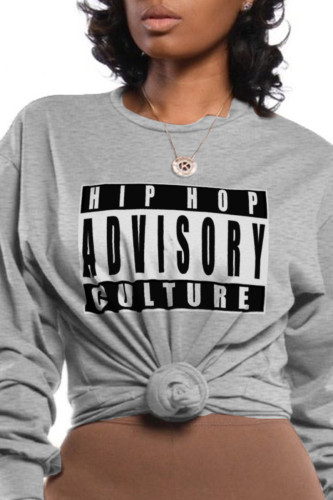 Grey Fashion Casual Print Patchwork Letter O Neck Tops