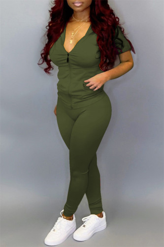 Army Green Fashion Casual Solid Basic Zipper Collar Short Sleeve Two Pieces