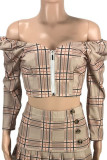 Khaki Sexy Plaid Print Patchwork Buttons Backless Fold Zipper Off the Shoulder Long Sleeve Two Pieces