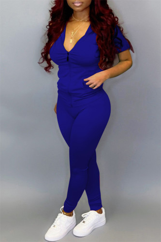 Blue Fashion Casual Solid Basic Zipper Collar Short Sleeve Two Pieces