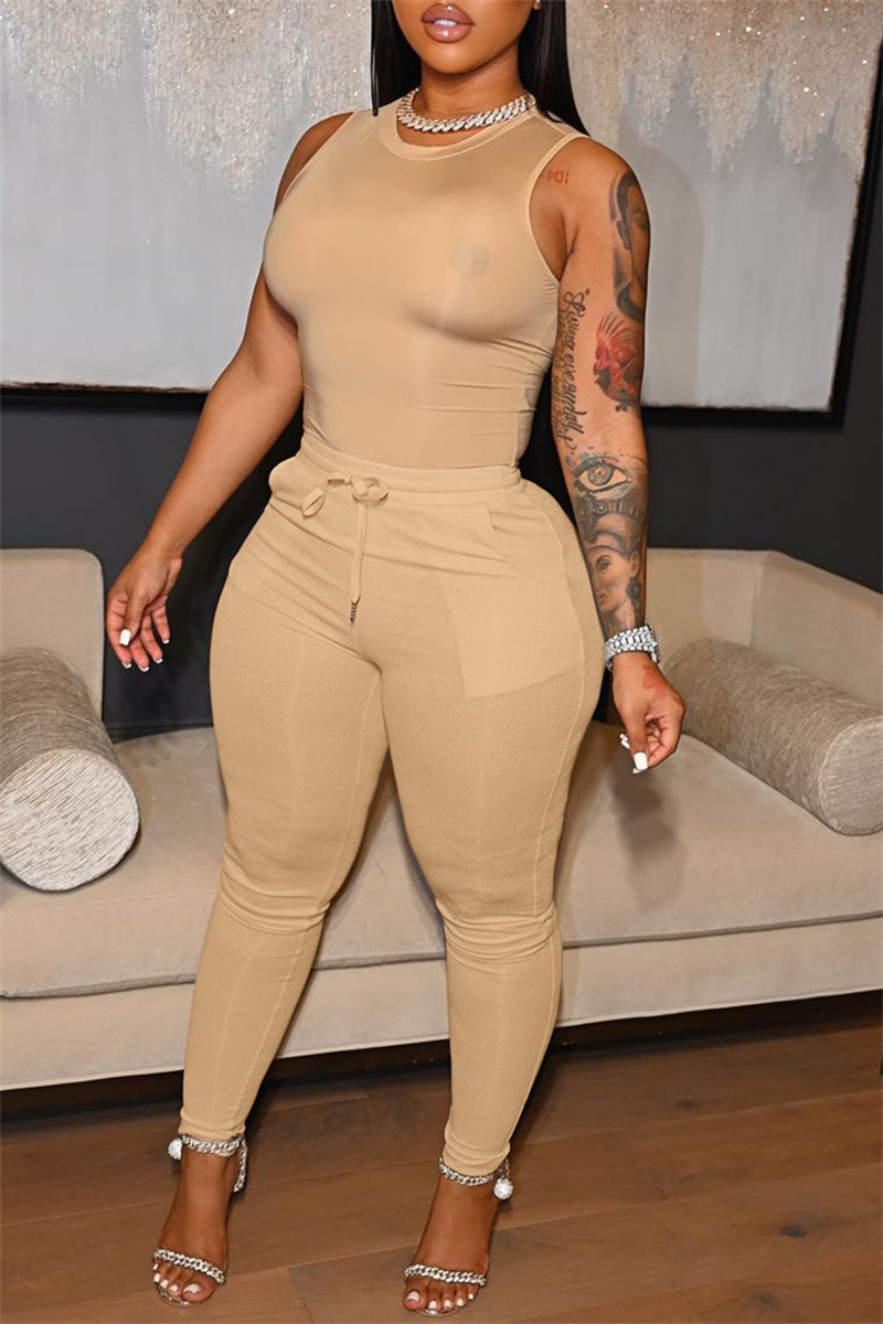 

Khaki Fashion Casual Solid Vests Pants O Neck Sleeveless Two Pieces