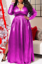 ローズレッドファッションカジュアルソリッドスリットVネック長袖プラスサイズのドレス