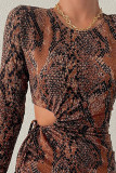 Braune, sexy bedruckte, ausgehöhlte Patchwork-Frenulum-Kleider mit O-Ausschnitt und einstufigem Rock