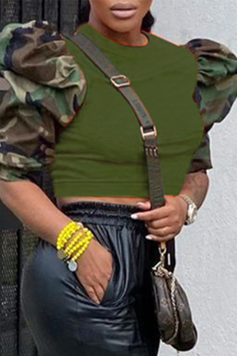 Blusas com decote ombro a ombro com estampa de camuflagem verde militar moda casual