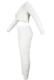White Fashion Casual Solid Bandage V Neck Long Sleeve Two Pieces