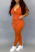 オレンジファッションカジュアルソリッドベーシックジッパーカラー半袖ツーピース