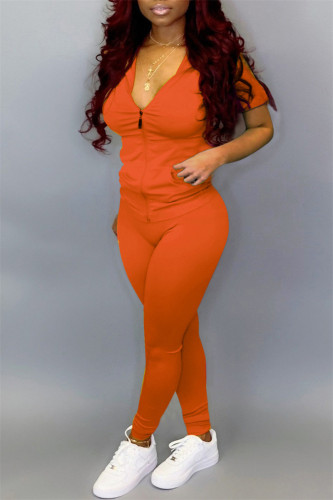 Orange Fashion Casual Solid Basic Zipper Collar Short Sleeve Two Pieces