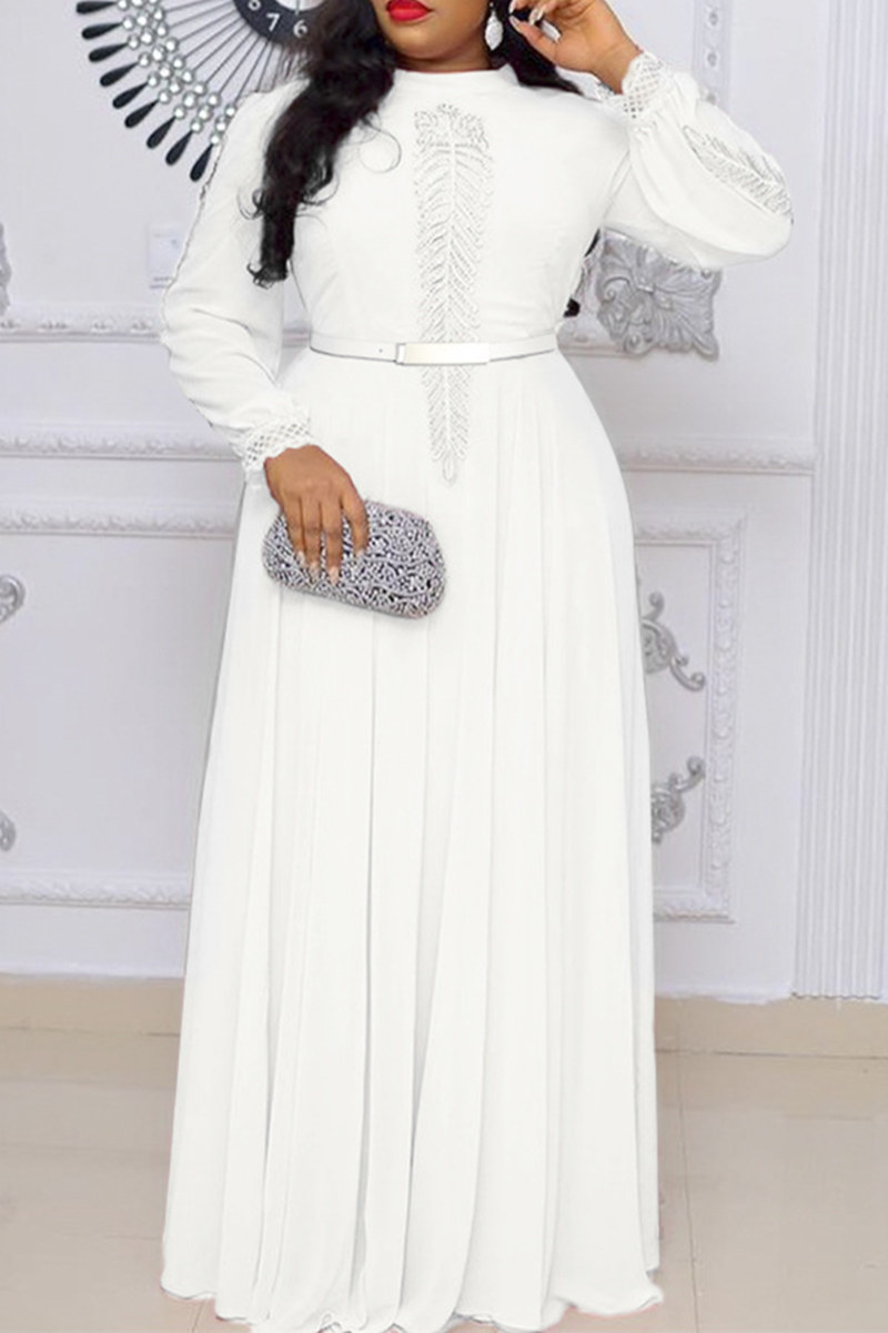 

White Fashion Casual Solid Split Joint Half A Turtleneck Long Sleeve Plus Size Dresses