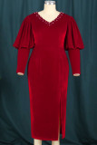 Rode elegante effen patchwork kralen vouw V-hals rechte jurken