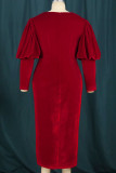 Röd Elegant Solid Patchwork Beading Vik V-hals raka klänningar