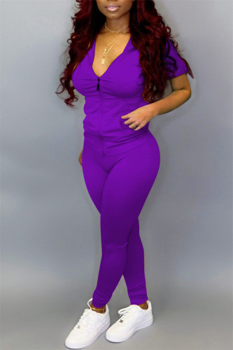 Purple Fashion Casual Solid Basic Zipper Collar Short Sleeve Two Pieces